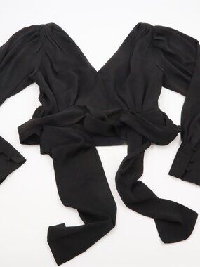 Banana Republic Wrap Crop Top Womens 4 Black Long Sleeve V-Neck Tie Waist